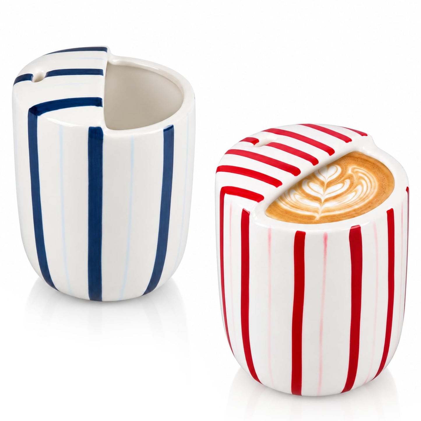 1 pcs Ceramic Mug with Sip Hole 10 oz deep Blue red Striped | Ice Coffee Mug, Travel Mugs,Novelty Hand Painted,Heat Resistant,Non Slip,Built in One Lid,Coffee Lovers Appreciation Gift