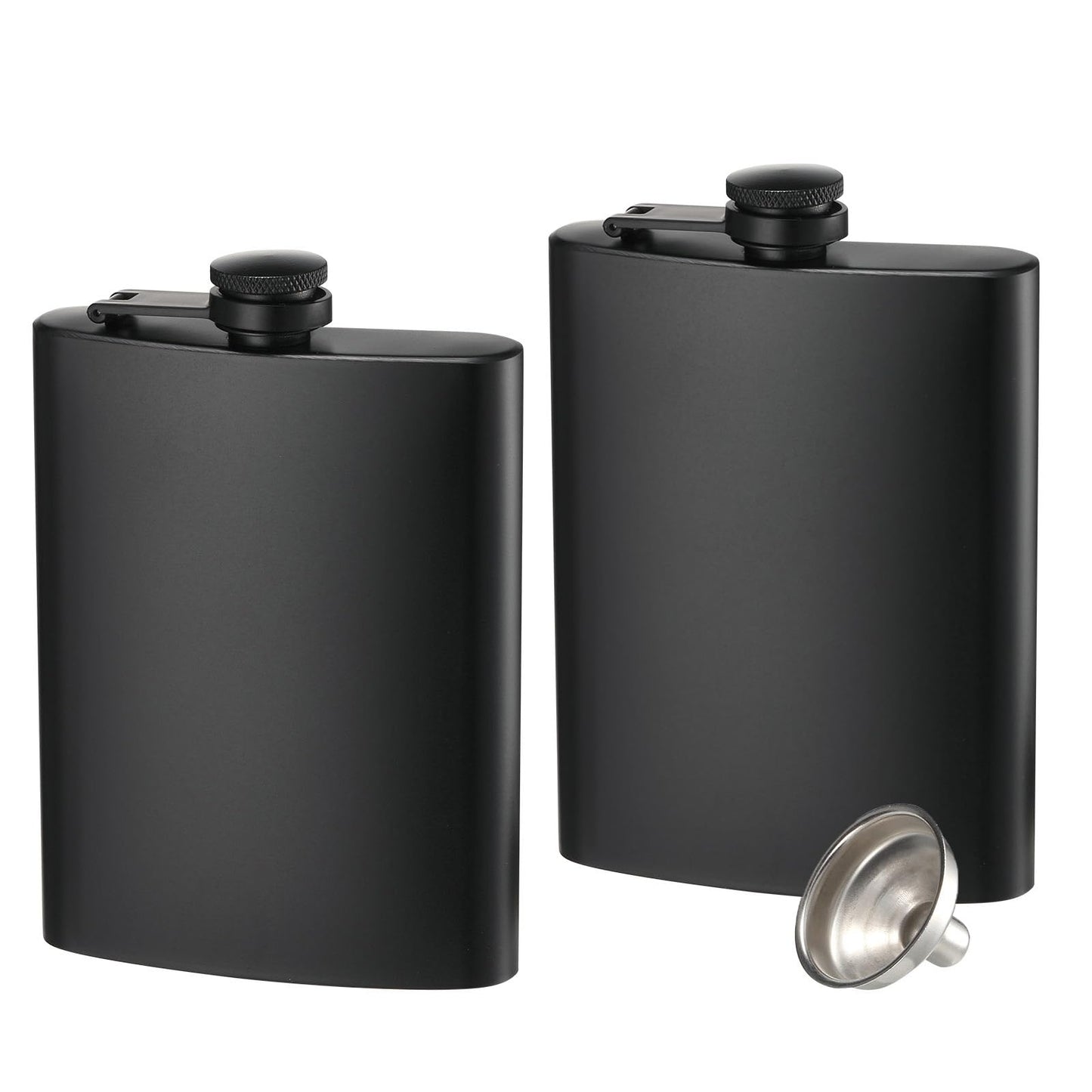 2 Pack Hip Flasks for Liquor, 8 Oz & 12 Oz Stainless Steel Leakproof Thin Flasks with Funnel for Men & Women (Matte Black)
