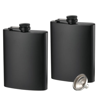 2 Pack Hip Flasks for Liquor, 8 Oz & 12 Oz Stainless Steel Leakproof Thin Flasks with Funnel for Men & Women (Matte Black)