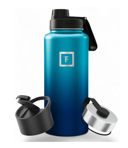 IRON °FLASK 32 oz Wide Mouth Water Bottle with 3 Lids | Insulated Stainless Steel Sports Water Bottle with 3 Leakproof Lids - BPA Free, Cold 24 Hrs, Sweat Free (Midnight Black)