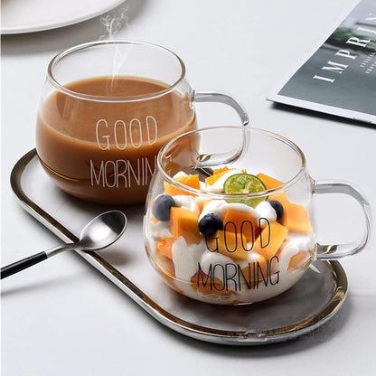'Good Morning' Breakfast Cup with Spoon, Water Cup, Milk Cup, Yogurt Glass, Coffee Mug, Juice Cup, Milkshake Glass, Gift Cup for Birthday, Christmas, Family, Friends
