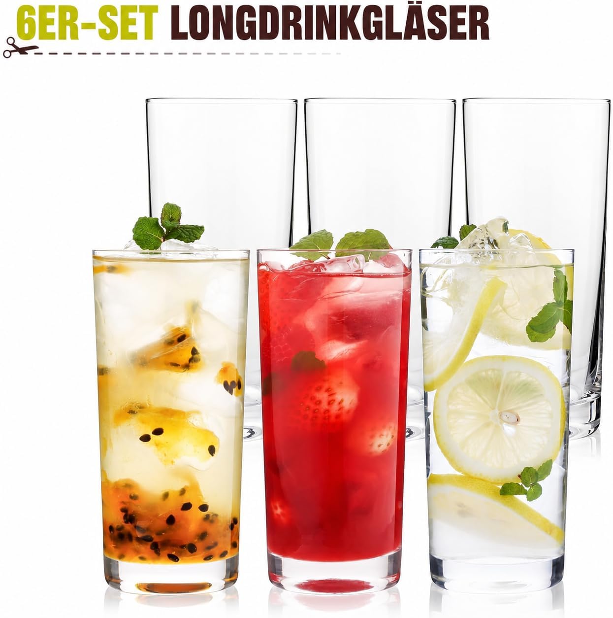 Highball Glasses Set of 6, 16oz Tall Drinking Glasses, Water Glass for Kitchen, Tom Collins Glasses, Mojito Glass Cups, Cocktail Glasses for Bar Glassware
