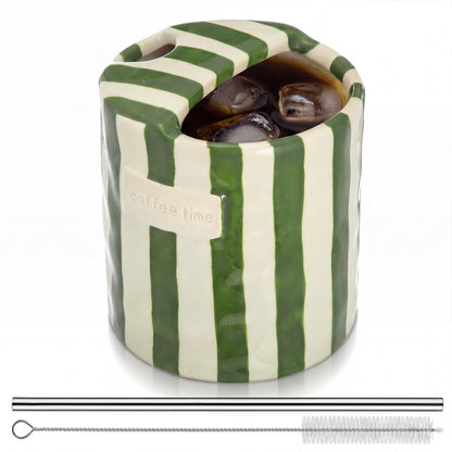2 Pack Ceramic Mug with Sip Hole, Simple, Green, Brown | 10oz Ceramic Coffee Cup with Straws, Retro Hand Painted Striped, for Iced Coffee Tea Latte Espresso, Kitchen Dining Travel