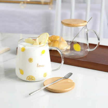 450ml/15oz Fruit Glass Lemon Milk Breakfast Cup With Lid Spoon, Lightweight And Heat-Resistant Water Cup For Home And Office Use-GK-B model