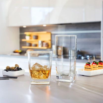 Le'raze Collins Everyday Drinking Glasses Set of 16 Drinkware Kitchen Glasses for Cocktail, Iced Coffee, Beer, Ice Tea, Wine, Whiskey, Water, 8 Tall Highball Glass Cups & 8 Short Old Fashioned.