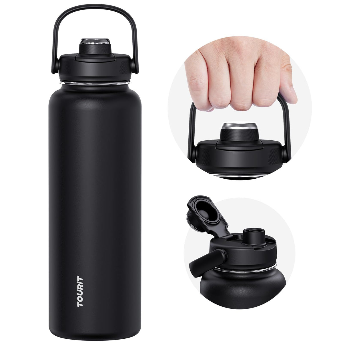 TOURIT 24 oz Insulated Stainless Steel Water Bottle, Obsidian | Double-wall vacuum thermal flask with top handle, leakproof & BPA-free design for sports, gym, hiking & travel use