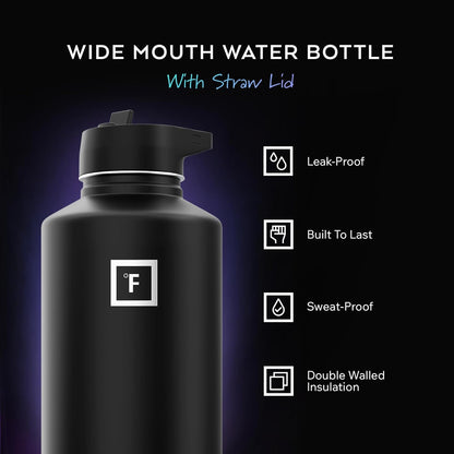IRON °FLASK 64 oz Wide Mouth Water Bottle with Straw | Insulated Half Gallon Water Bottle with Leakproof Straw Lid - BPA Free, Cold 24 Hrs, Sweat Free (Midnight Black)