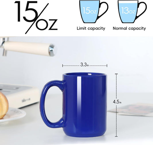 15 OZ Coffee Mug, Classic Blank Ceramic Cup with Large Handle for Tea Latte Cappuccino, Blue