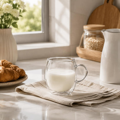 Good Morning Glass Cup with Handle - Microwave Safe, Reusable Breakfast & Milk Cup, Food-Grade Recyclable Glassware for Oatmeal, Cereal, and More, Hand Wash Only