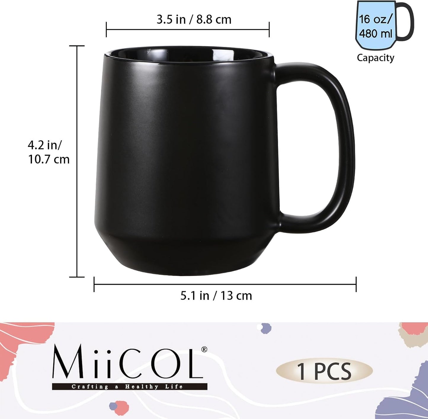 Miicol Ceramic Coffee Mug, 16 oz Large Coffee Cup, Tea Mug with Handle, Flat Bottom Mug for Men, Women, Office, Microwave and Dishwasher Safe, Multi-Color, Black