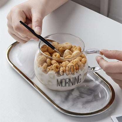 'Good Morning' Breakfast Cup with Spoon, Water Cup, Milk Cup, Yogurt Glass, Coffee Mug, Juice Cup, Milkshake Glass, Gift Cup for Birthday, Christmas, Family, Friends