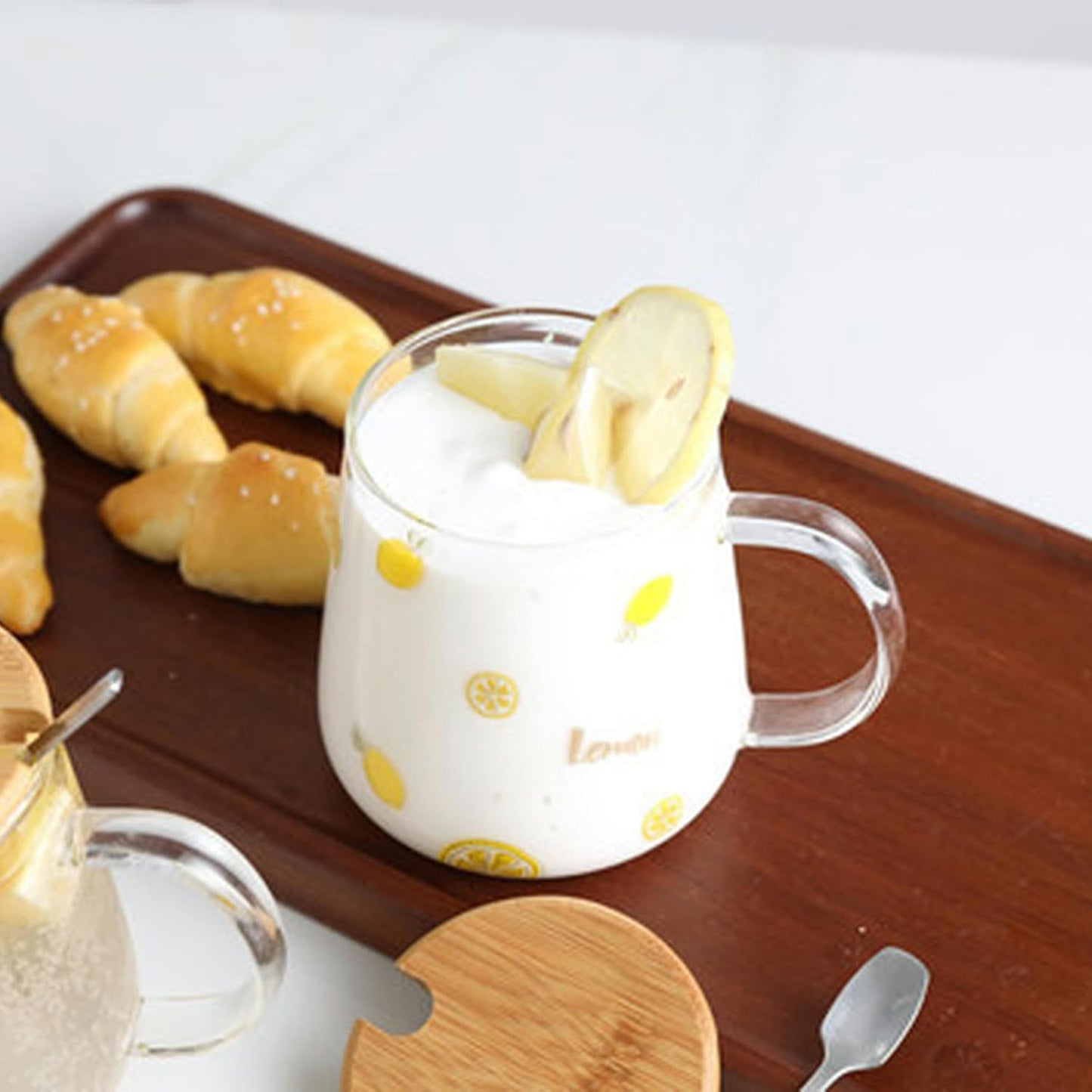 450ml/15oz Fruit Glass Lemon Milk Breakfast Cup With Lid Spoon, Lightweight And Heat-Resistant Water Cup For Home And Office Use-GK-B model