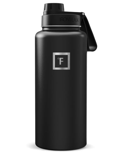 IRON °FLASK 32 oz Wide Mouth Water Bottle with 3 Lids | Insulated Stainless Steel Sports Water Bottle with 3 Leakproof Lids - BPA Free, Cold 24 Hrs, Sweat Free (Midnight Black)