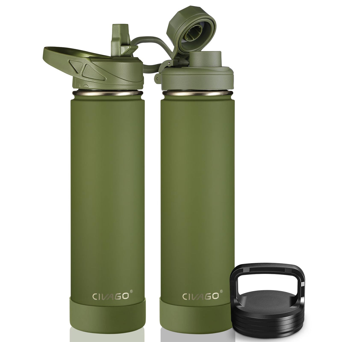 CIVAGO 40 oz Insulated Stainless Steel Water Bottle With Straw and 3 Lids | Large Metal Sports Water Jug, Leakproof Reusable Wide Mouth Thermal Flask Cup with Silicone Boot, BPA-Free, Midnight Black