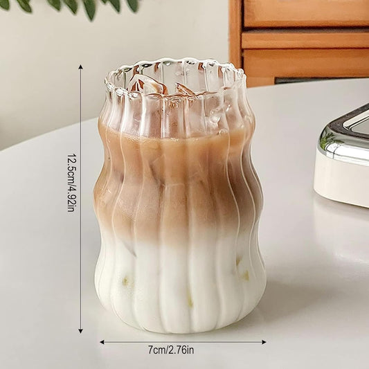 2 Pcs Ribbed Glass Cups, 18 Oz Vintage Drinking Glassware with Wave Design | Iced Coffee Cups Glass, Matcha Glass Bubble Cups for Iced Coffee, Juice, Beverage, Milk, Cocktails, Bubble Tea, and More