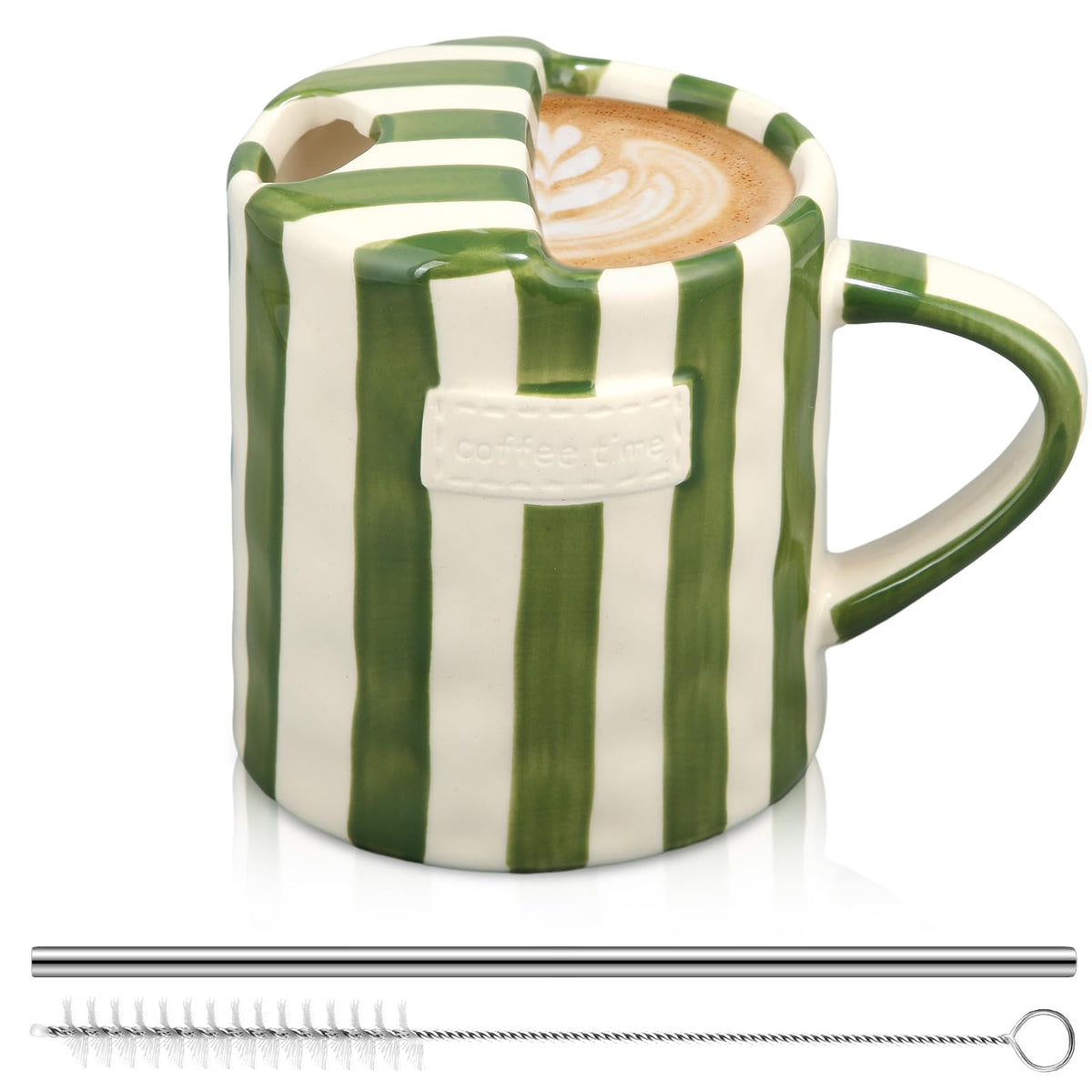 2 Pack Ceramic Mug with Sip Hole, Simple, Green, Brown | 10oz Ceramic Coffee Cup with Straws, Retro Hand Painted Striped, for Iced Coffee Tea Latte Espresso, Kitchen Dining Travel
