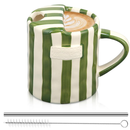 2 Pack Ceramic Mug with Sip Hole, Simple, Green, Brown | 10oz Ceramic Coffee Cup with Straws, Retro Hand Painted Striped, for Iced Coffee Tea Latte Espresso, Kitchen Dining Travel