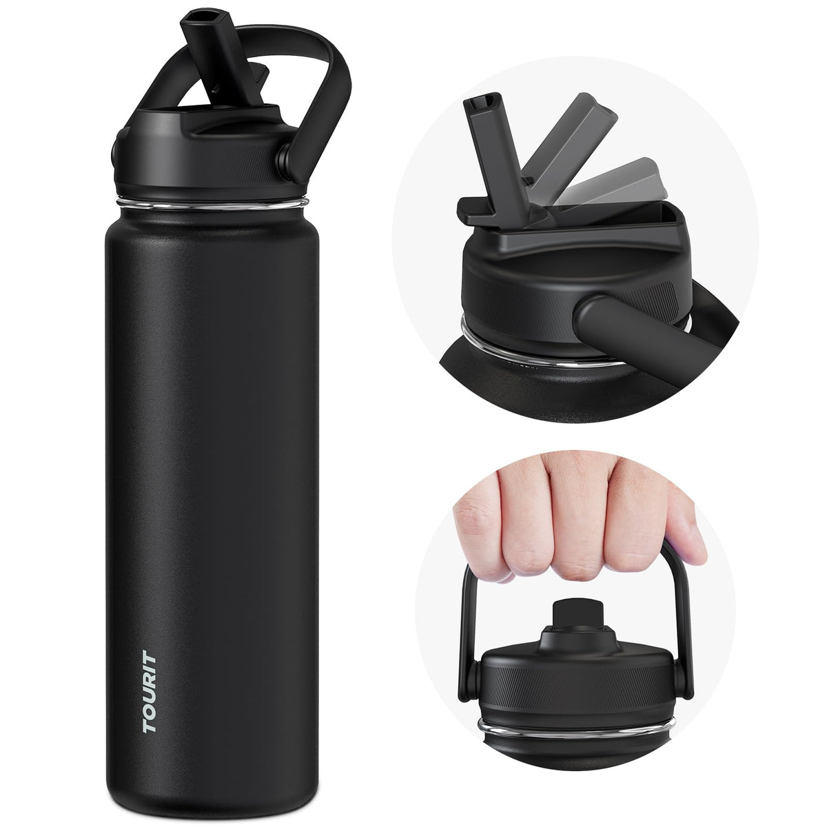TOURIT 24 oz Insulated Stainless Steel Water Bottle, Obsidian | Double-wall vacuum thermal flask with top handle, leakproof & BPA-free design for sports, gym, hiking & travel use