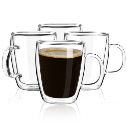 YUNCANG Double Wall Coffee Mugs, (4-Pcak) 16 Ounces-Clear Glass Cups with Handle,lnsulated,Cappuccino,Tea,Latte Cups,Beverage Glasses Heat Resistant