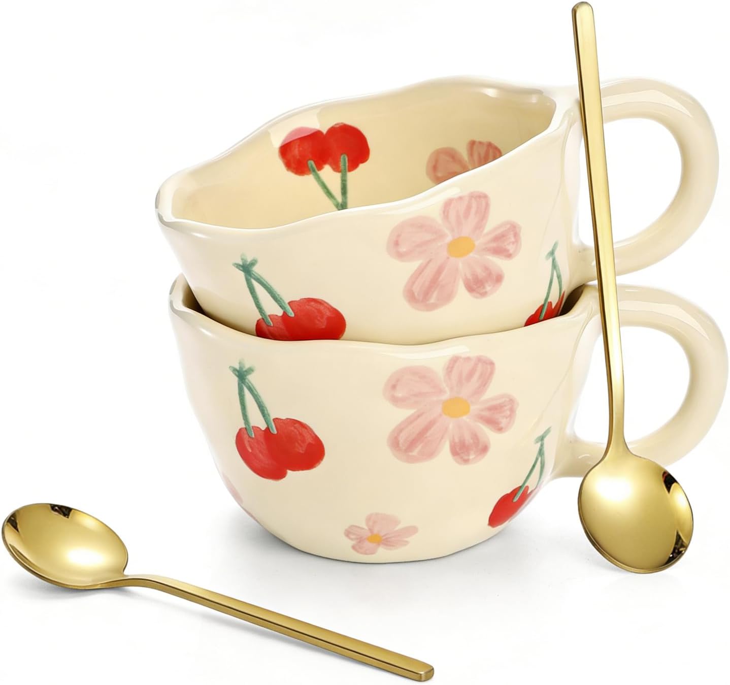 Yopay 2 Pack Ceramic Coffee Mug with Spoon, 8oz Handmade Hot Chocolate Mugs, Cute Cup for Girl Microwave Safe, Aesthetic Tea Milk Cup with Handle for Latte, Cocoa, Gift, Mom(Cherry flower)