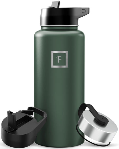 IRON °FLASK 32 oz Wide Mouth Water Bottle with 3 Lids | Insulated Stainless Steel Sports Water Bottle with 3 Leakproof Lids - BPA Free, Cold 24 Hrs, Sweat Free (Midnight Black)
