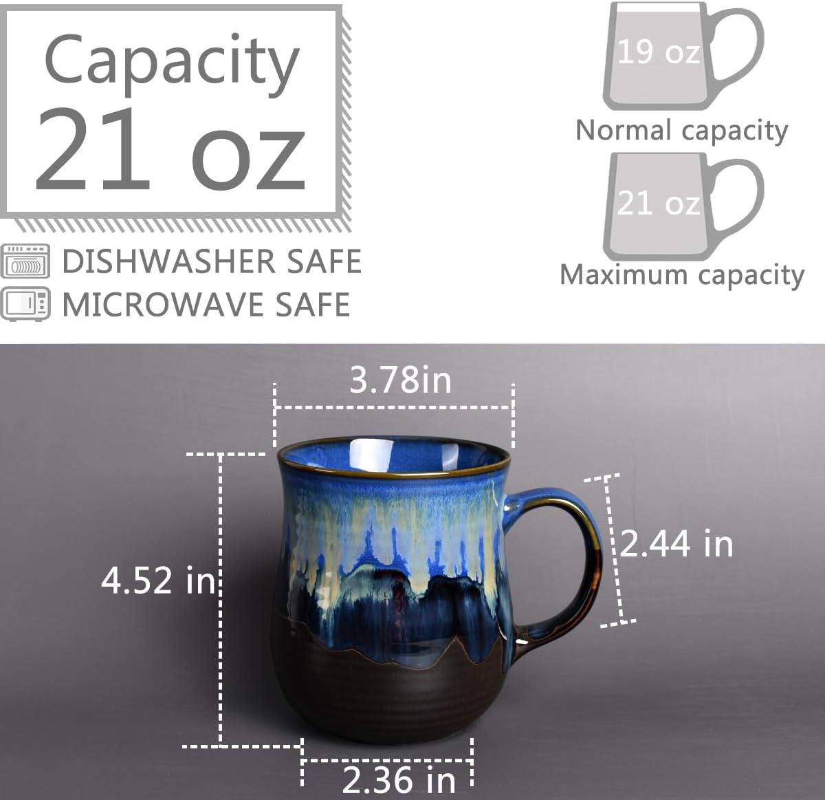 Bosmarlin Large Ceramic Coffee Mug, Blue Big Tea Cup for Office and Home, 21 Oz, Dishwasher and Microwave Safe, 1 PCS