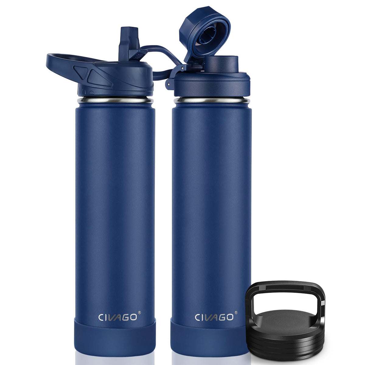 CIVAGO 40 oz Insulated Stainless Steel Water Bottle With Straw and 3 Lids | Large Metal Sports Water Jug, Leakproof Reusable Wide Mouth Thermal Flask Cup with Silicone Boot, BPA-Free, Midnight Black
