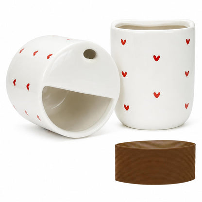 To Go Ceramic Coffee Cups with Lids, Romantic Red Hearts Ceramic Traval Mug with Sip Hole, 12oz Ceramic Sip Cups Pottery Travel Mug, Gifts For Him Her