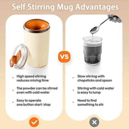 Self Stirring Mug with Lid, 13.5oz Magnetic Stirring Coffee Cup, Rechargeable 316 Stainless Steel, Auto-Mixing for Coffee, Milk, Protein Powder（Beige）