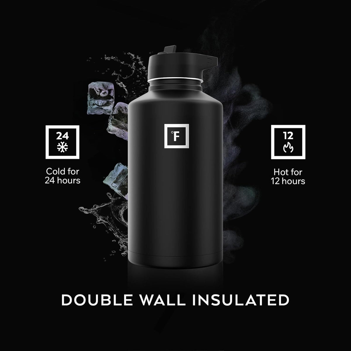 IRON °FLASK 64 oz Wide Mouth Water Bottle with Straw | Insulated Half Gallon Water Bottle with Leakproof Straw Lid - BPA Free, Cold 24 Hrs, Sweat Free (Midnight Black)