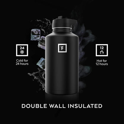 IRON °FLASK 64 oz Wide Mouth Water Bottle with Straw | Insulated Half Gallon Water Bottle with Leakproof Straw Lid - BPA Free, Cold 24 Hrs, Sweat Free (Midnight Black)