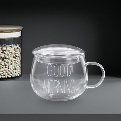 Glass Milk Cup with Handle 350ml Heat-resistant Breakfast Mug for Milk, Coffee and Tea with White Letter Lid Suitable for Office and Home Use