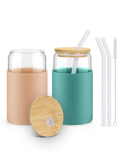sungwoo 4PCS Glass Cups with Bamboo Lids and Straws, 16OZ Ice Coffee Cup, Drinking Cup set with Wooden Lids, Home Essential Glass Tumblers for Beer, Cocktail, Tea and Latte Clear