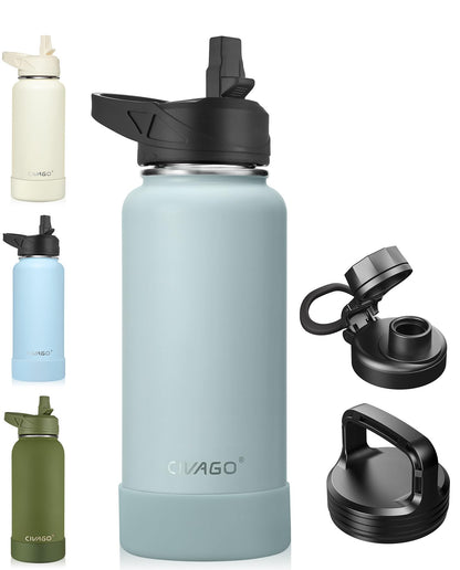 CIVAGO 40 oz Insulated Stainless Steel Water Bottle With Straw and 3 Lids | Large Metal Sports Water Jug, Leakproof Reusable Wide Mouth Thermal Flask Cup with Silicone Boot, BPA-Free, Midnight Black