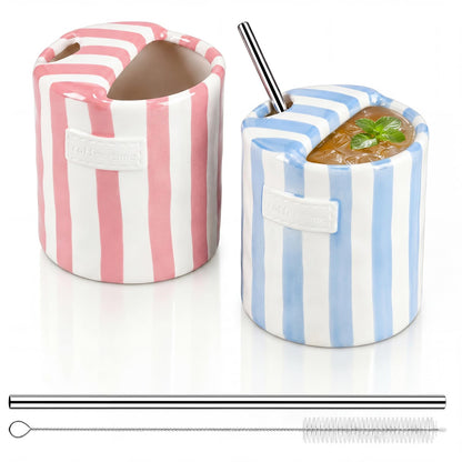 2 Pack Ceramic Mug with Sip Hole, Simple, Green, Brown | 10oz Ceramic Coffee Cup with Straws, Retro Hand Painted Striped, for Iced Coffee Tea Latte Espresso, Kitchen Dining Travel