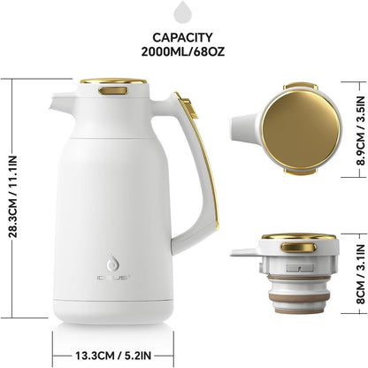 IDEUS Thermal Coffee Carafe, Stainless Steel Double Wall Insulated Vacuum Flask, Water Jug Coffee Server and Beverage Dispenser, Heat and Cold Retention (White-Gold, 68, Fluid Ounces)