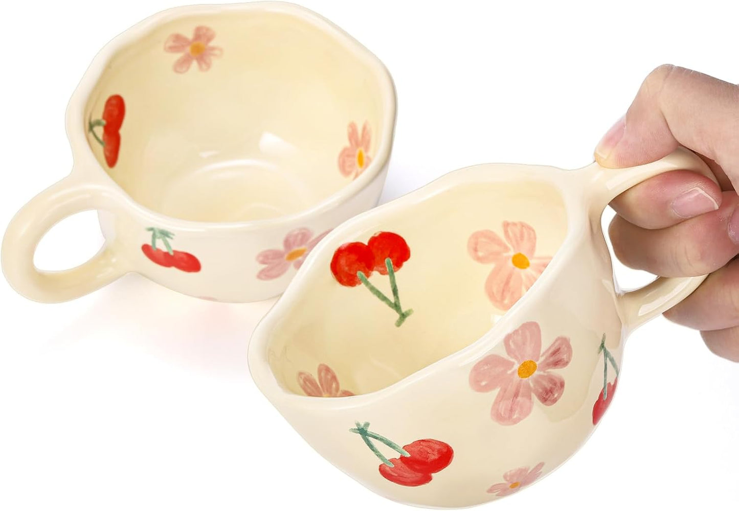 Yopay 2 Pack Ceramic Coffee Mug with Spoon, 8oz Handmade Hot Chocolate Mugs, Cute Cup for Girl Microwave Safe, Aesthetic Tea Milk Cup with Handle for Latte, Cocoa, Gift, Mom(Cherry flower)
