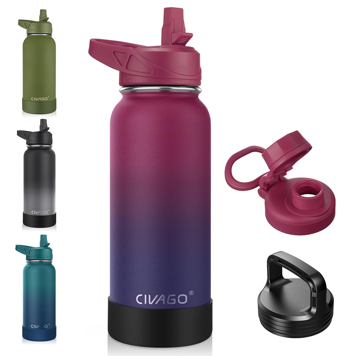 CIVAGO 40 oz Insulated Stainless Steel Water Bottle With Straw and 3 Lids | Large Metal Sports Water Jug, Leakproof Reusable Wide Mouth Thermal Flask Cup with Silicone Boot, BPA-Free, Midnight Black
