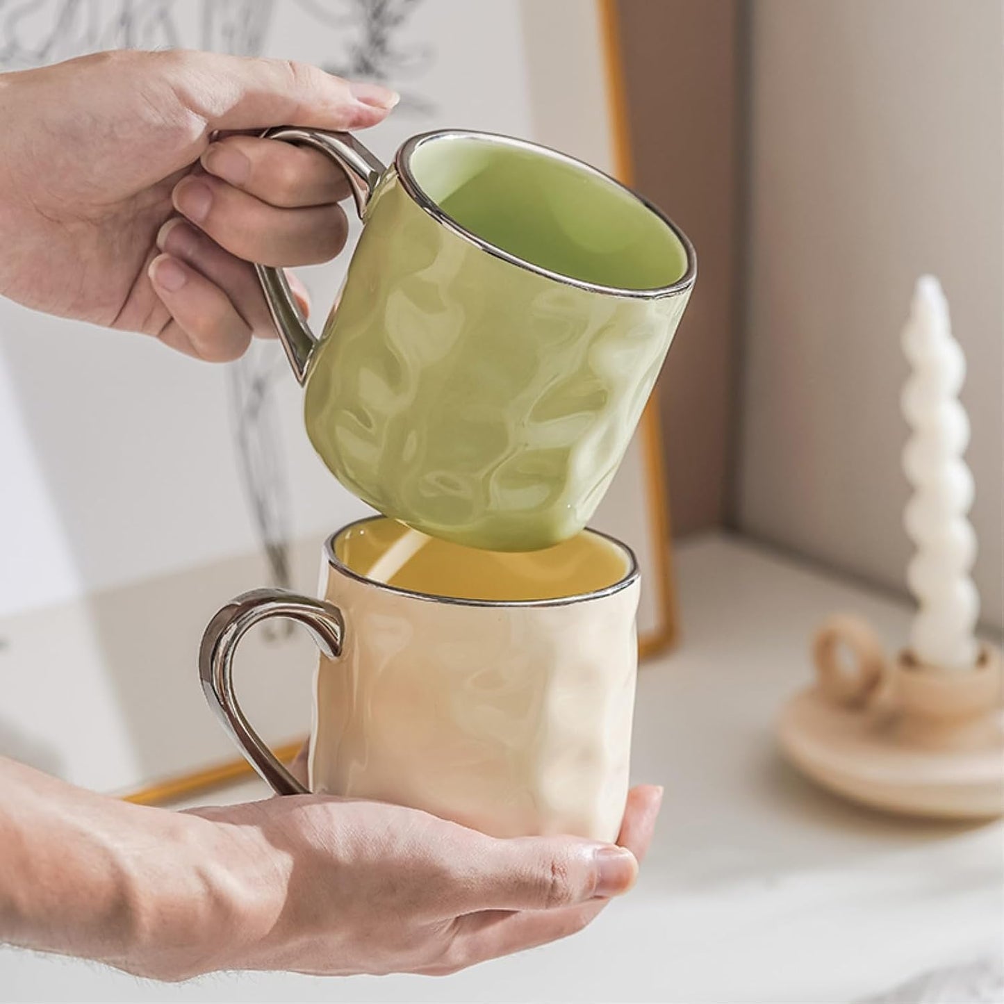 400ml/13.5oz ceramic cream wind breakfast cup household fresh creative drinking utensils-silver-edged milk yellow -400ml