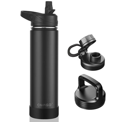 CIVAGO 40 oz Insulated Stainless Steel Water Bottle With Straw and 3 Lids | Large Metal Sports Water Jug, Leakproof Reusable Wide Mouth Thermal Flask Cup with Silicone Boot, BPA-Free, Midnight Black