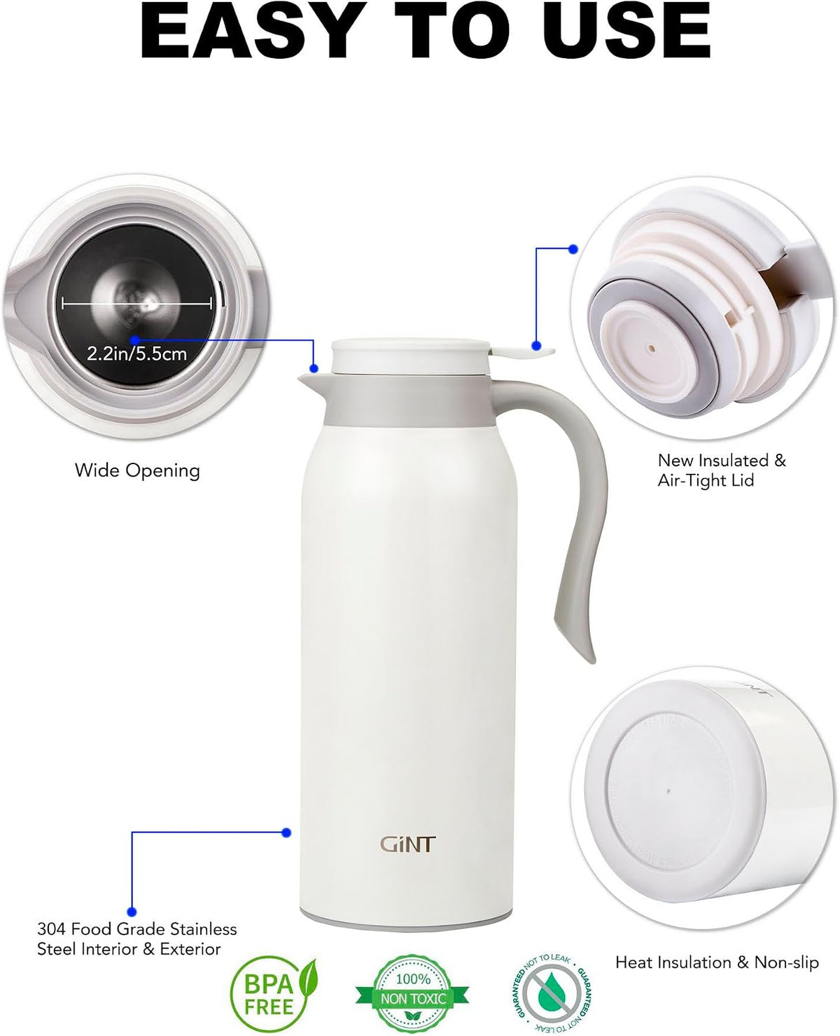 GiNT 51 Oz Stainless Steel Thermal Coffee Carafe, Double Walled Vacuum Insulated Flask, 12 Hour Heat Retention, 1.5 Liter Tea, Water, and Coffee Dispenser (Upgraded version White)