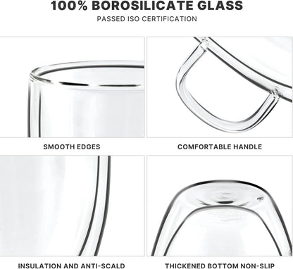 YUNCANG Double Wall Coffee Mugs, (4-Pcak) 16 Ounces-Clear Glass Cups with Handle,lnsulated,Cappuccino,Tea,Latte Cups,Beverage Glasses Heat Resistant