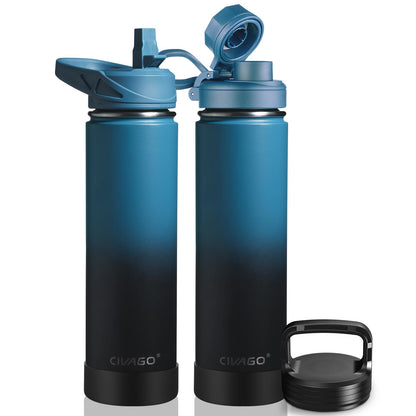 CIVAGO 40 oz Insulated Stainless Steel Water Bottle With Straw and 3 Lids | Large Metal Sports Water Jug, Leakproof Reusable Wide Mouth Thermal Flask Cup with Silicone Boot, BPA-Free, Midnight Black