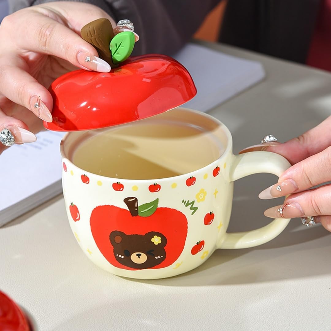 420Ml Ceramic Apple Breakfast Milk Cup With Lid