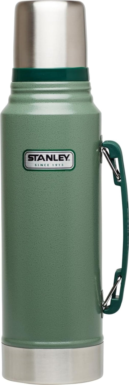 Stanley Heritage Classic Vacuum Bottle with Handle 1.1 qt | Wide Mouth w/Leakproof Cup Lid | Keep Drinks Hot or Cold | Insulated Stainless Steel Thermal Bottle | BPA-Free | Hammertone Green