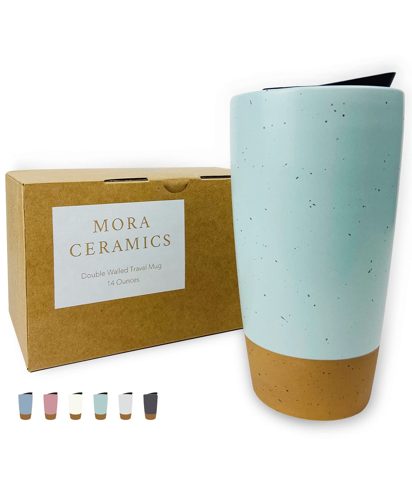Mora Double Wall Ceramic Coffee Travel Mug with Lid, 14 oz, Portable, Microwave, Dishwasher Safe, Insulated Reusable Tall Cup, Splash Resistant Lid - To Go Tumbler for Car Cup Holder, Nightwaves