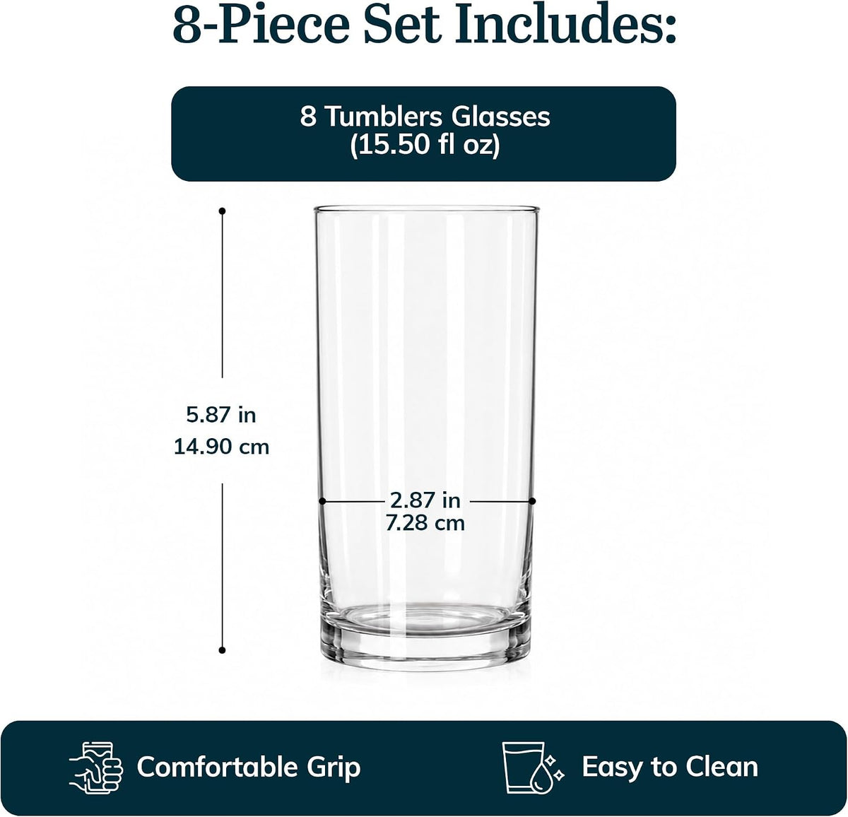 Heavy Base Drinking Glasses Set of 8, Weighted Clear Water Cups | 15.5 oz Capacity for Water, Juice, Soda, Cocktails, and More with Weighted Base and Dishwasher-Safe Cleanup
