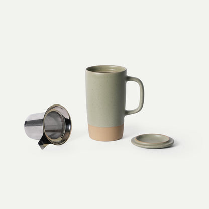 Mora Ceramics Large Tea Mug with Loose Leaf Infuser and Ceramic Lid, 18 oz, Portable, Microwave and Dishwasher Safe, Tall Coffee Cup - Rustic Matte Ceramic Glaze, Modern Herbal Tea Strainer, Olive