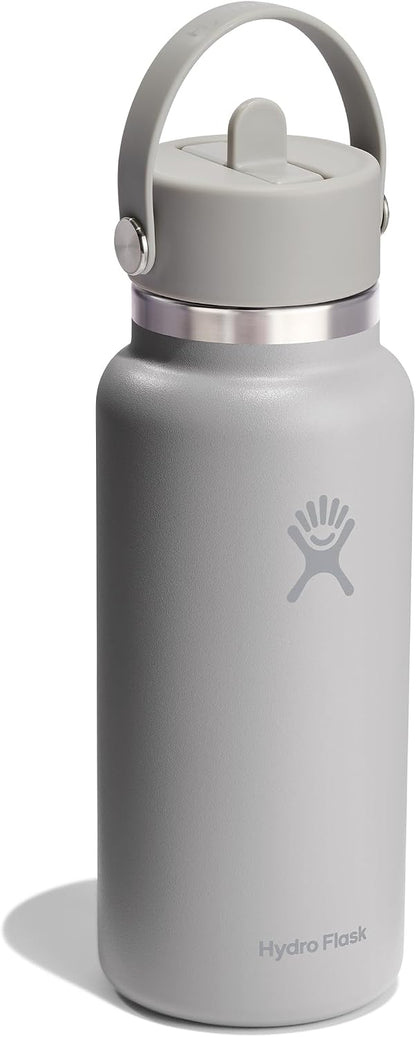 Hydro Flask Water Bottle - Insulated Stainless Steel - Wide Mouth Flex Straw Lid, Non Spill, Leakproof and Refillable in 32 Oz Tonal Birch