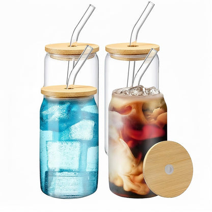 WISIMMALL Drinking Glasses with Bamboo Lids and Glass Straw 2PCS Set, 16oz Glass Cups with Lids and Straws, Beer, Iced Coffee Glasses, Soda, Gift 1 Cleaning Brushes